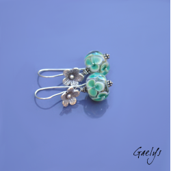 Pascaline – silver earrings, blue-green and ivory floral beads – flower-shaped ear wires