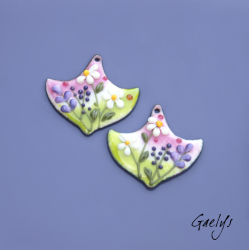 Pair of enameled copper earring charms – green and pink background – foliage, purple flower, ivory