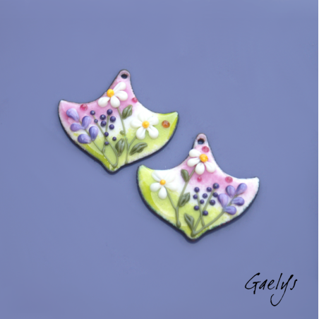 Pair of enameled copper earring charms – green and pink background – foliage, purple flower, ivory