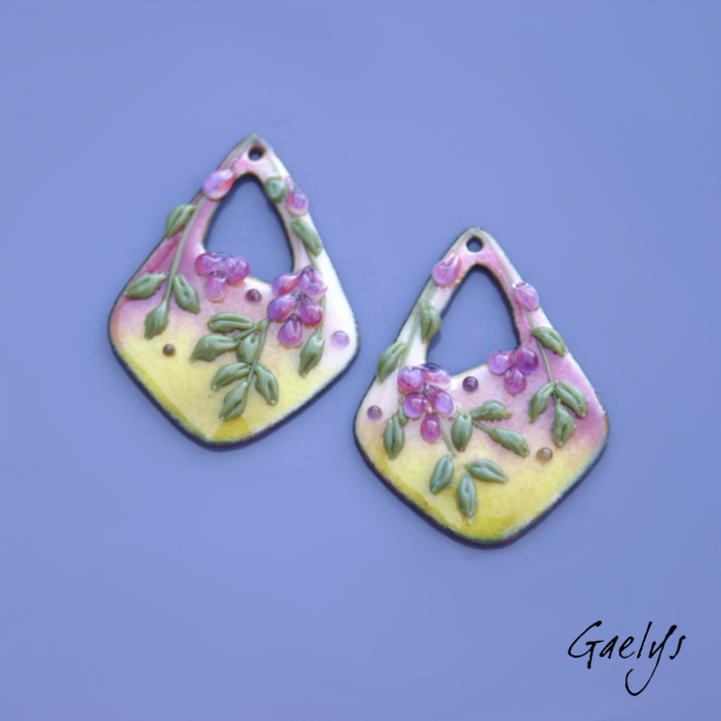 Pair of enameled copper earring charms – green, purple, and pink background – foliage, plum-colored flower