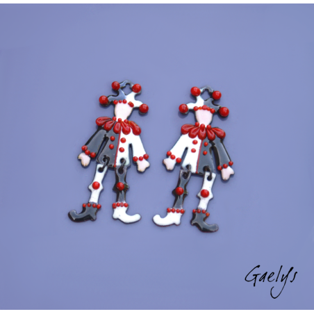 Pair of enameled copper earring charms – Small articulated puppet – Black/white/red – Elf