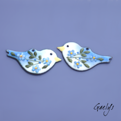 Pair of enamelled copper earring charms – Blue – Birds