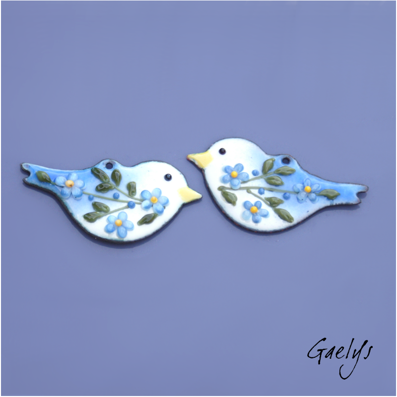 Paire de charm cuivre émaillé pour boucles d'oreille -  bleu - Oiseaux