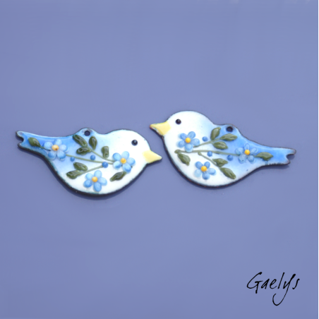 Pair of enamelled copper earring charms – Blue – Birds