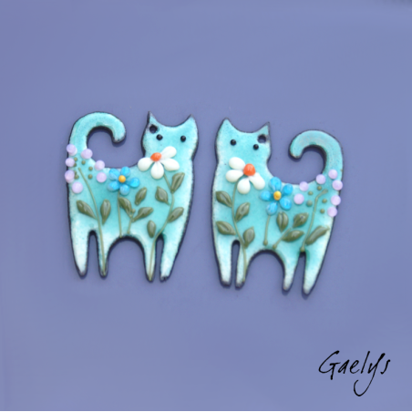 Pair of enameled copper earring charms – blue-green – multicolored flowers – cat