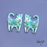 Paire de charm cuivre émaillé pour boucles d'oreille -  bleu vert - fleurs multicolores  - Chat