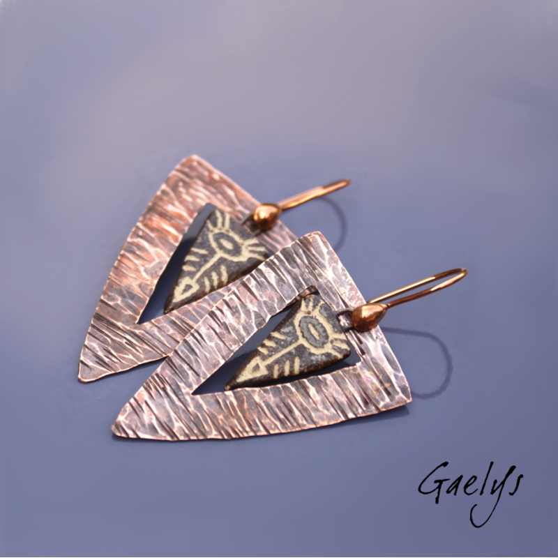 Xanadu – copper and ceramic earrings – ceramic charms mounted on hammered copper