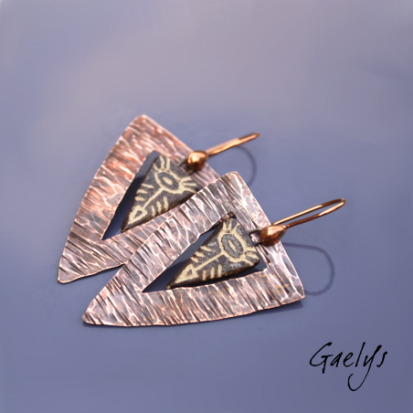 Xanadu – copper and ceramic earrings – ceramic charms mounted on hammered copper