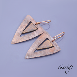 Xanadu – copper and ceramic earrings – ceramic charms mounted on hammered copper