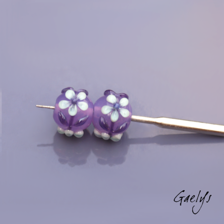 Floral Lampwork Beads – Round Bead Duo – Translucent Purple / Foliage / Mint Green Florets