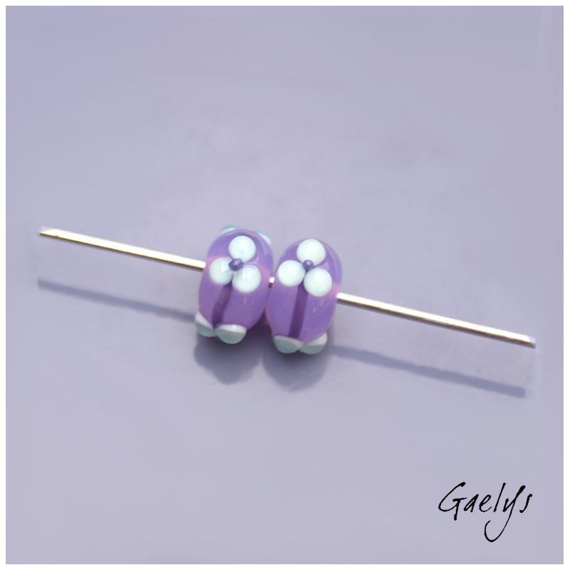 Floral Lampwork Beads – Rondelle Bead Duo – Translucent Purple / Mint Green Flowerettes