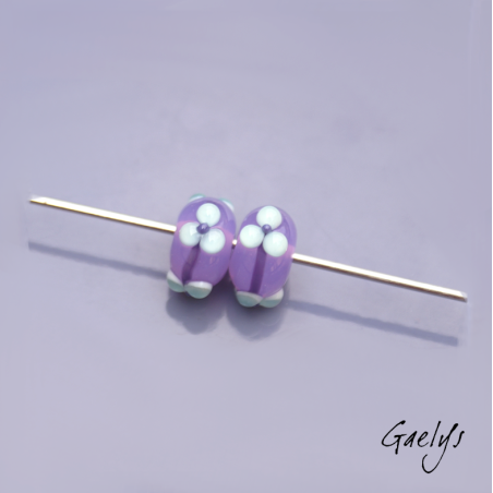 Floral Lampwork Beads – Rondelle Bead Duo – Translucent Purple / Mint Green Flowerettes