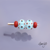 "Frosted" Lampwork Beads – pair of round beads – sky-blue background, white, turquoise, and red dots – frosted glass