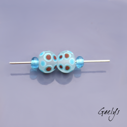 "Frosted" Lampwork Beads – pair of round beads – clear base, white, turquoise, and red dots – frosted glass