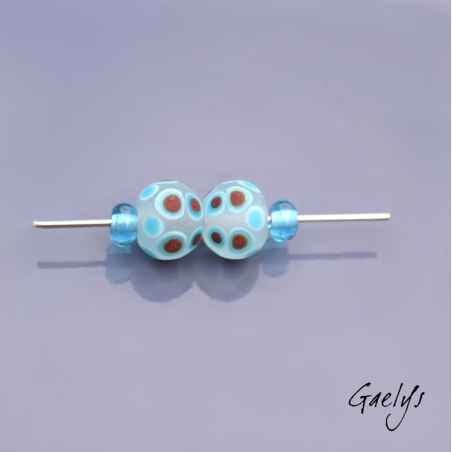 "Frosted" Lampwork Beads – pair of round beads – clear base, white, turquoise, and red dots – frosted glass