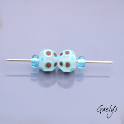 "Frosted" Lampwork Beads – pair of round beads – clear base, white, turquoise, and red dots – frosted glass