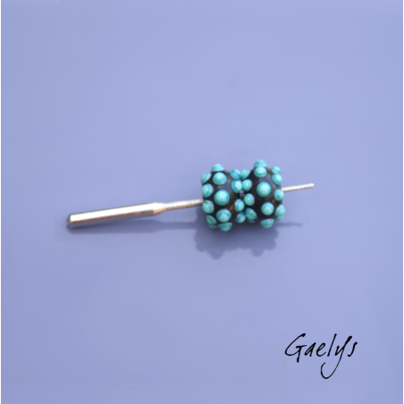 Lampwork beads – rondelle bead duo – black background with two-tone turquoise dots