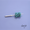 Lampwork beads – rondelle bead duo – black background with two-tone turquoise dots