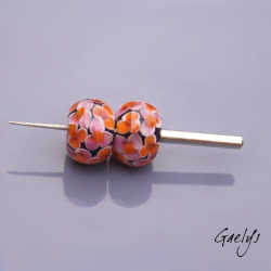 Floral lampwork beads – rondelle bead duo – Hydrangeas – two-tone pink/orange