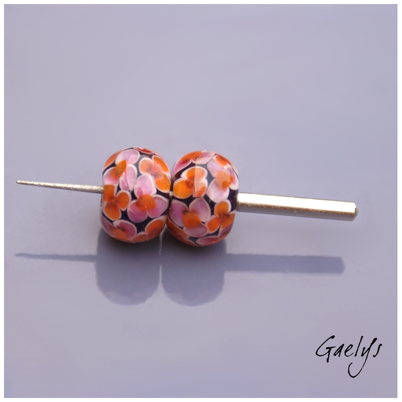 Perles Lampwork florale - duo de perles rondelles - Les hortensias -  bicolore rose / orange