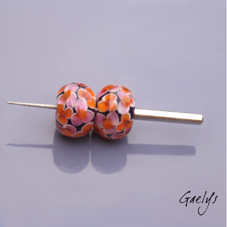 Floral lampwork beads – rondelle bead duo – Hydrangeas – two-tone pink/orange