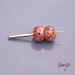 Perles Lampwork florale - duo de perles rondelles - Les hortensias -  bicolore rose / orange