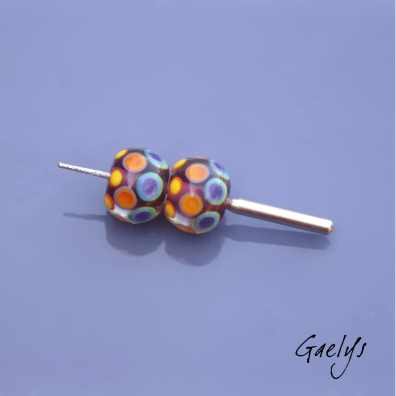 Large Lampwork Beads – pair of round beads – fuchsia background with multicolored dots