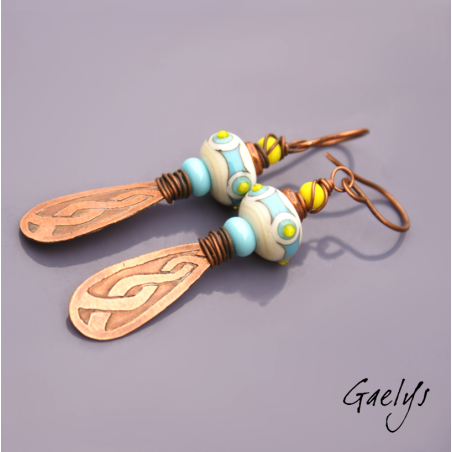 Claris – ivory, turquoise, and yellow lampwork earrings – etched copper interlace design