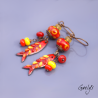 "Poissonade" – red/orange/yellow lampwork earrings – enameled copper fish – charm