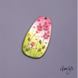 LARGE enameled copper pendant – green / pink / ivory / yellow – wildflower meadow