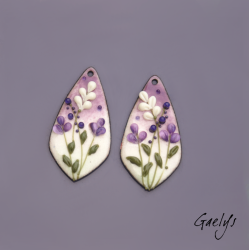 Pair of enameled copper earring charms – purple and ivory background – foliage, ivory flower, violet