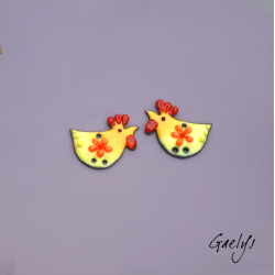 Paire de charm cuivre émaillé pour boucles d'oreille - fond  jaune, orange, vert - poulette - fleurette