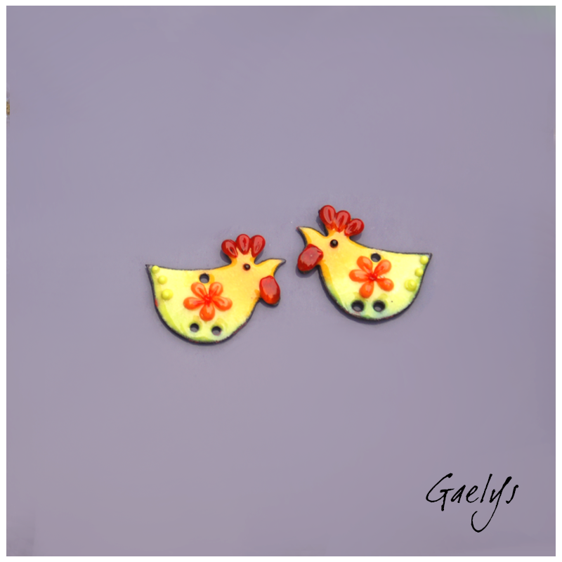 Pair of enameled copper earring charms – yellow, orange, and green background – little hen – small flower