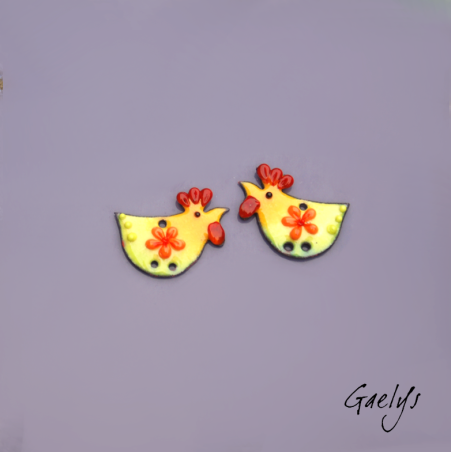 Pair of enameled copper earring charms – yellow, orange, and green background – little hen – small flower