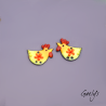 Pair of enameled copper earring charms – yellow, orange, and green background – little hen – small flower