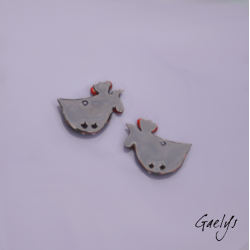 Pair of enameled copper earring charms – yellow, orange, and green background – little hen – small flower