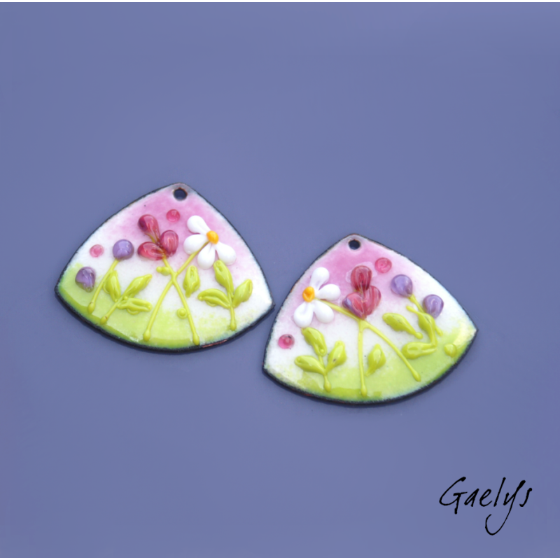 Pair of enameled copper earring charms – pink and anise green background – foliage, pink and violet-purple flowers.
