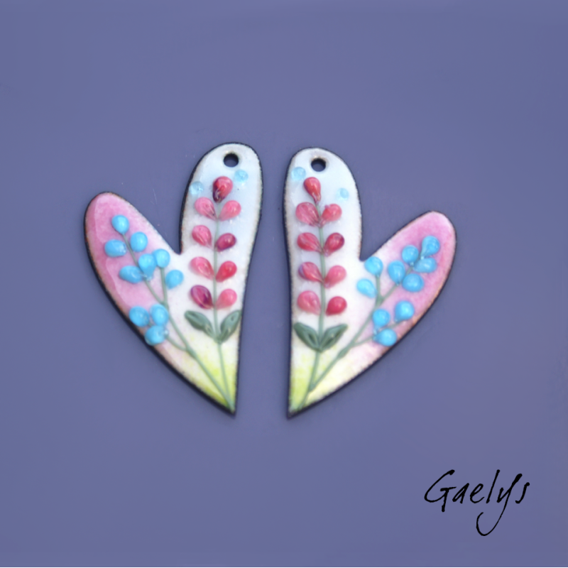 Pair of enameled copper earring charms – Heart shape; green, pink, and sky-blue background; pink and aqua-blue flowers.