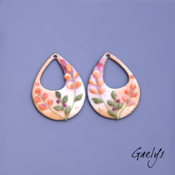 Paire de charm cuivre émaillé pour boucles d'oreille - fond  saumon , pourpre - feuillage, fleur pêche