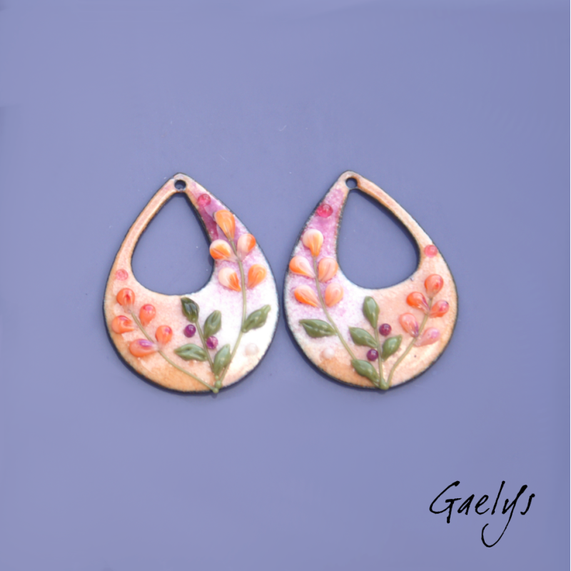 Pair of enamelled copper earring charms – salmon and purple background – foliage, peach blossom