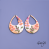 Pair of enamelled copper earring charms – salmon and purple background – foliage, peach blossom