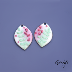 SMALL - Pair of enameled copper earring charms – pink and white background – mint green foliage, pink flowers