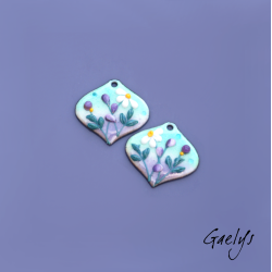 SMALL - Pair of enameled copper earring charms - purple and mint green background - teal foliage, flowers