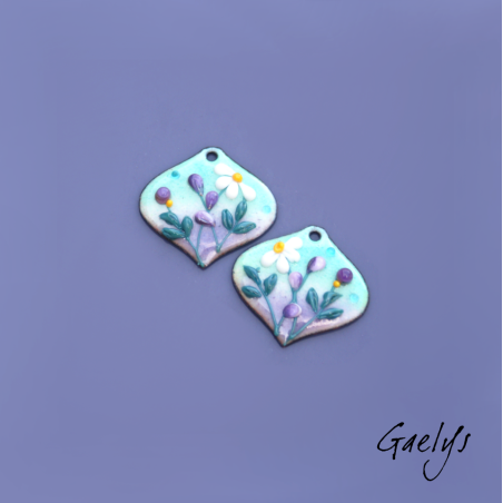 PETITS - Paire de charm cuivre émaillé pour boucles d'oreille - fond  violet  , vert menthe  - feuillage vert canard , fleurs