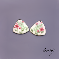 Paire de charm cuivre émaillé pour boucles d'oreille - fond  rosel, vert doux- feuillage, fleur rose , vert menthe