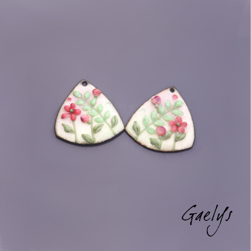 Pair of enamelled copper earring charms – soft pink and green background, foliage, pink flower, mint green.
