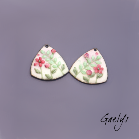 Paire de charm cuivre émaillé pour boucles d'oreille - fond  rosel, vert doux- feuillage, fleur rose , vert menthe