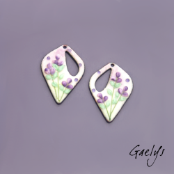 Paire de charm cuivre émaillé pour boucles d'oreille - fond  lilas , vert doux- feuillage, fleur violette