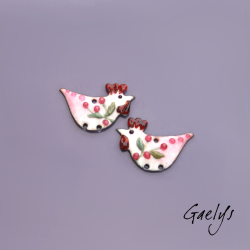 Paire de charm cuivre émaillé pour boucles d'oreille - fond  rose , blanc- poulette - fleurette