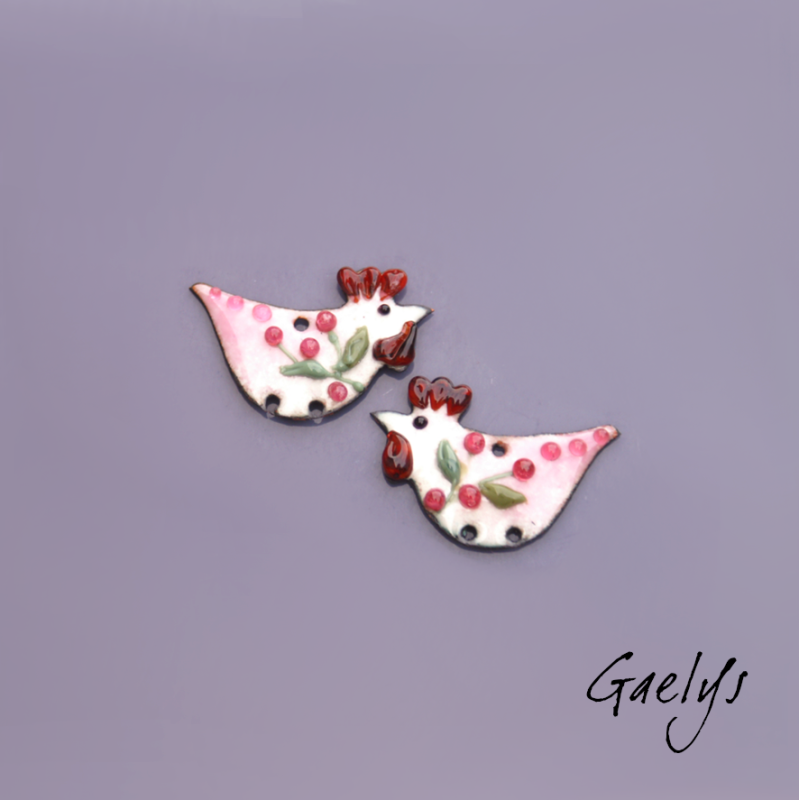 Paire de charm cuivre émaillé pour boucles d'oreille - fond  rose , blanc- poulette - fleurette